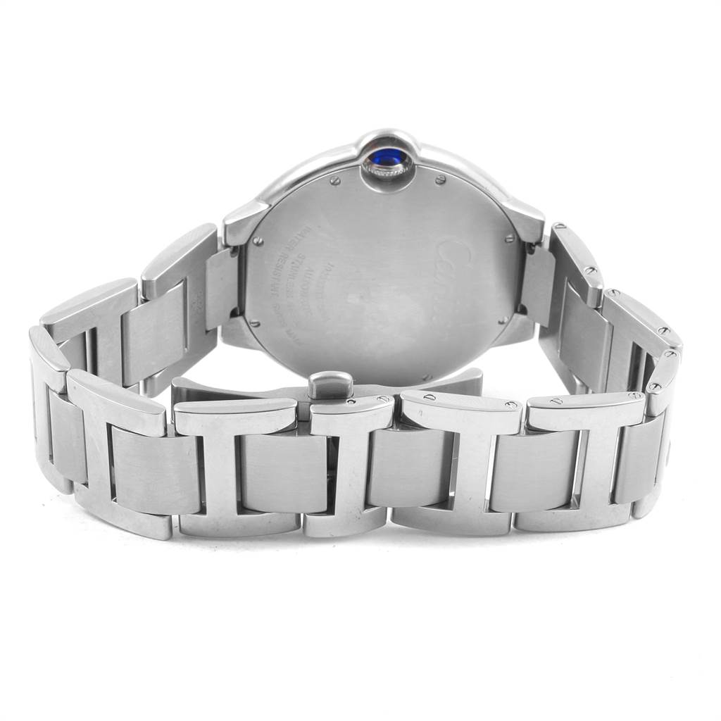 The image shows the back and bracelet of the Cartier Ballon Bleu W69012Z4 Men's Stainless Steel Silver Dial W69012Z4 Men's Stainless Steel Silver Dial watch from a rear angle.