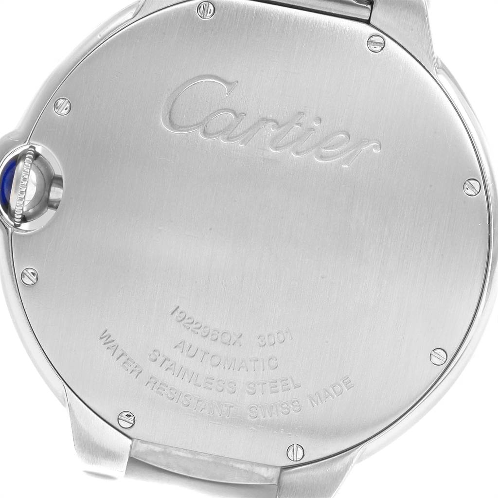 This image shows the back of a Cartier Ballon Bleu W69012Z4 Men's Stainless Steel Silver Dial W69012Z4 Men's Stainless Steel Silver Dial watch, showcasing the brand engraving and specifications.