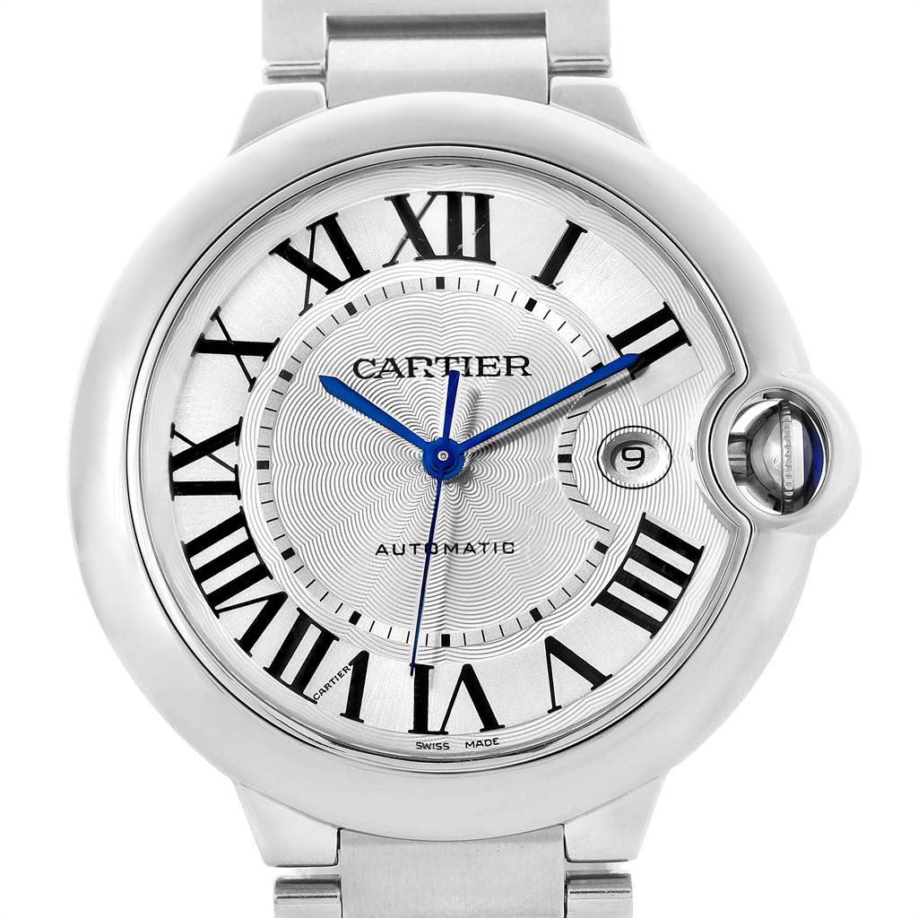 The image shows a front view of the Ballon Bleu model by Cartier, highlighting its face, blue hands, Roman numerals, and metal bracelet.