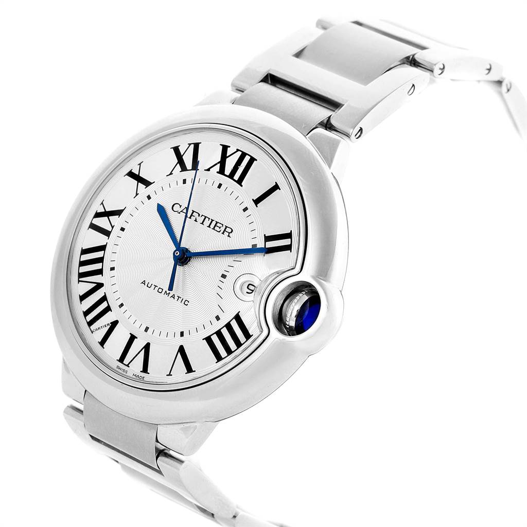 This image shows a front angled view of the Cartier Ballon Bleu W69012Z4 Men's Stainless Steel Silver Dial W69012Z4 Men's Stainless Steel Silver Dial watch, highlighting its face, bracelet, and crown.