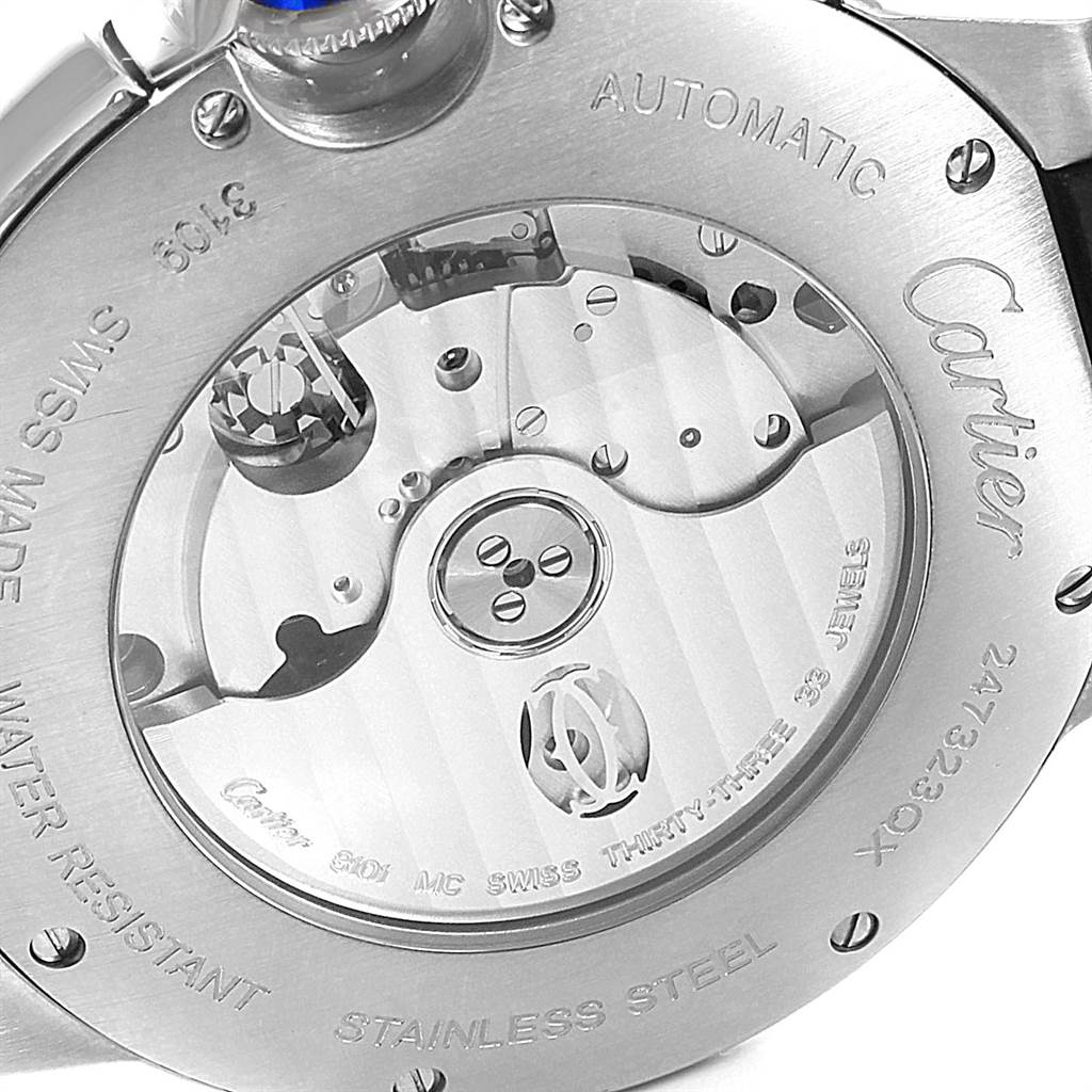 This image shows the back view of a Cartier Ballon Bleu W6920003 Men
s Stainless Steel Silver Dial W6920003 Men
s Stainless Steel Silver Dial watch, highlighting its automatic movement and stainless steel case.