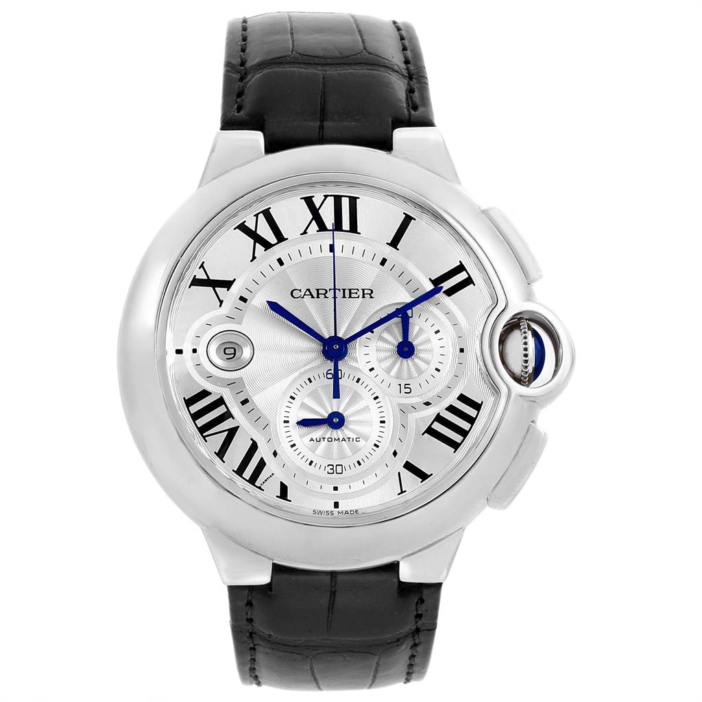 This image shows a front view of the Cartier Ballon Bleu W6920003 Men
s Stainless Steel Silver Dial W6920003 Men
s Stainless Steel Silver Dial watch, highlighting its dial, Roman numerals, subdials, and leather strap.