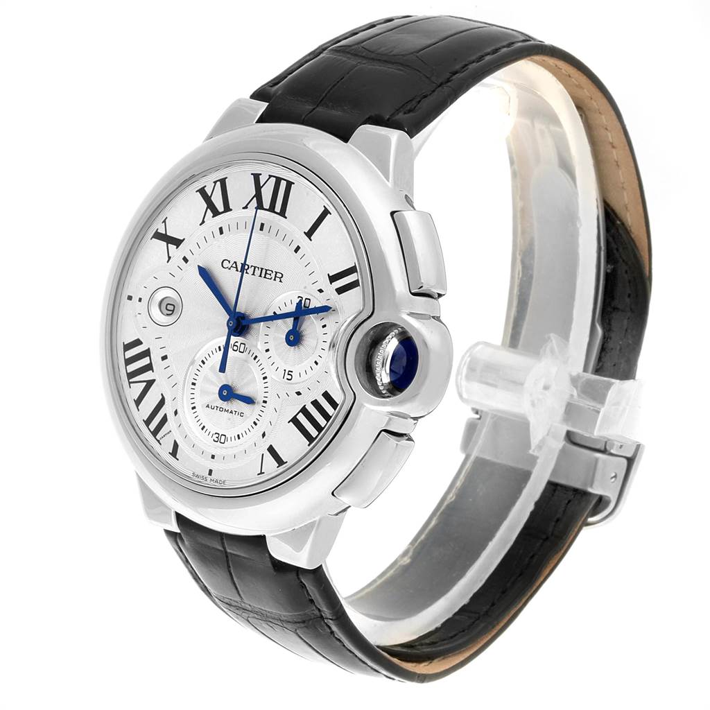 The image shows a Cartier Ballon Bleu W6920003 Men
s Stainless Steel Silver Dial W6920003 Men
s Stainless Steel Silver Dial watch at an angle highlighting its face, Roman numerals, hands, and black leather strap.
