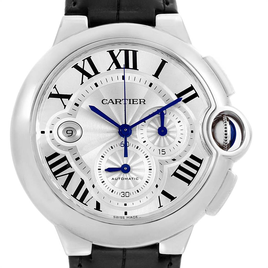 The image shows a front view of the Cartier Ballon Bleu W6920003 Men
s Stainless Steel Silver Dial W6920003 Men
s Stainless Steel Silver Dial watch, highlighting its face and dial details.