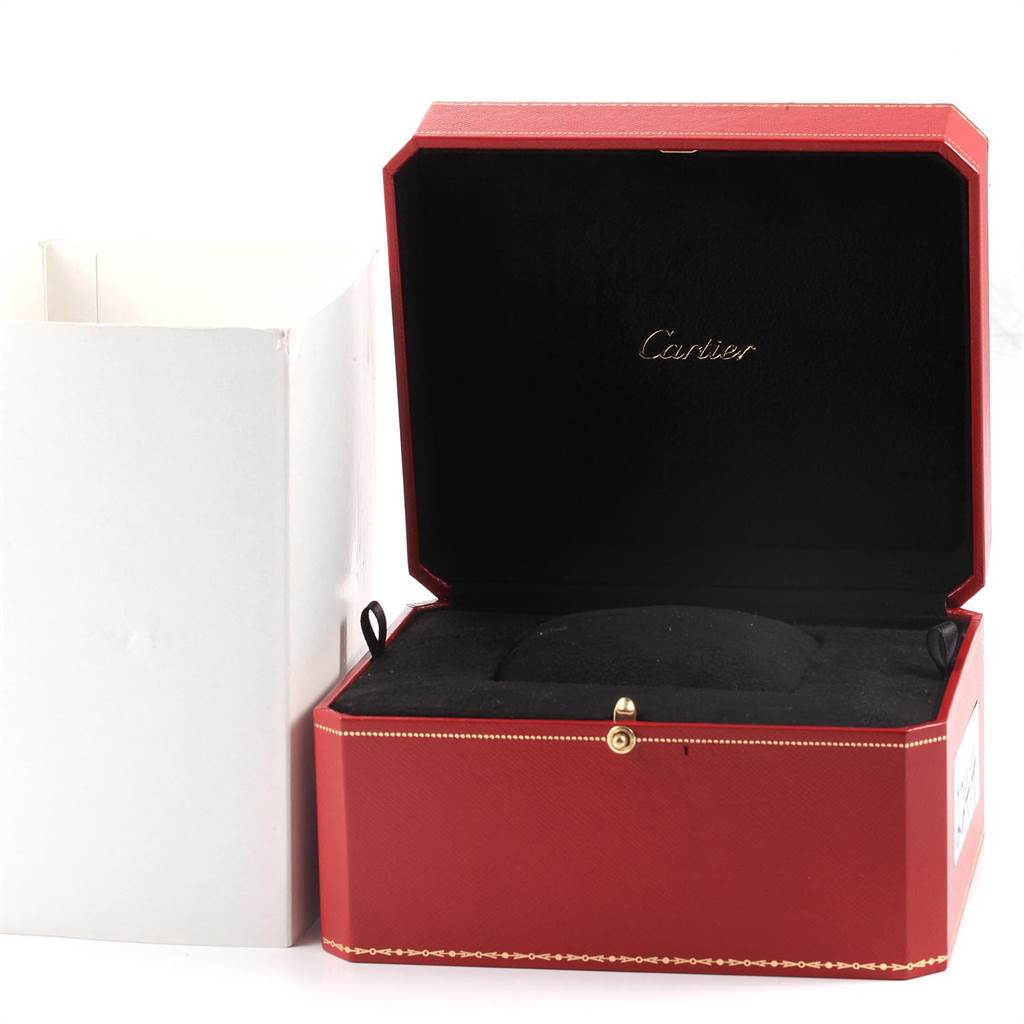 This image shows an open, empty red Cartier box for the Ballon Bleu watch model.
