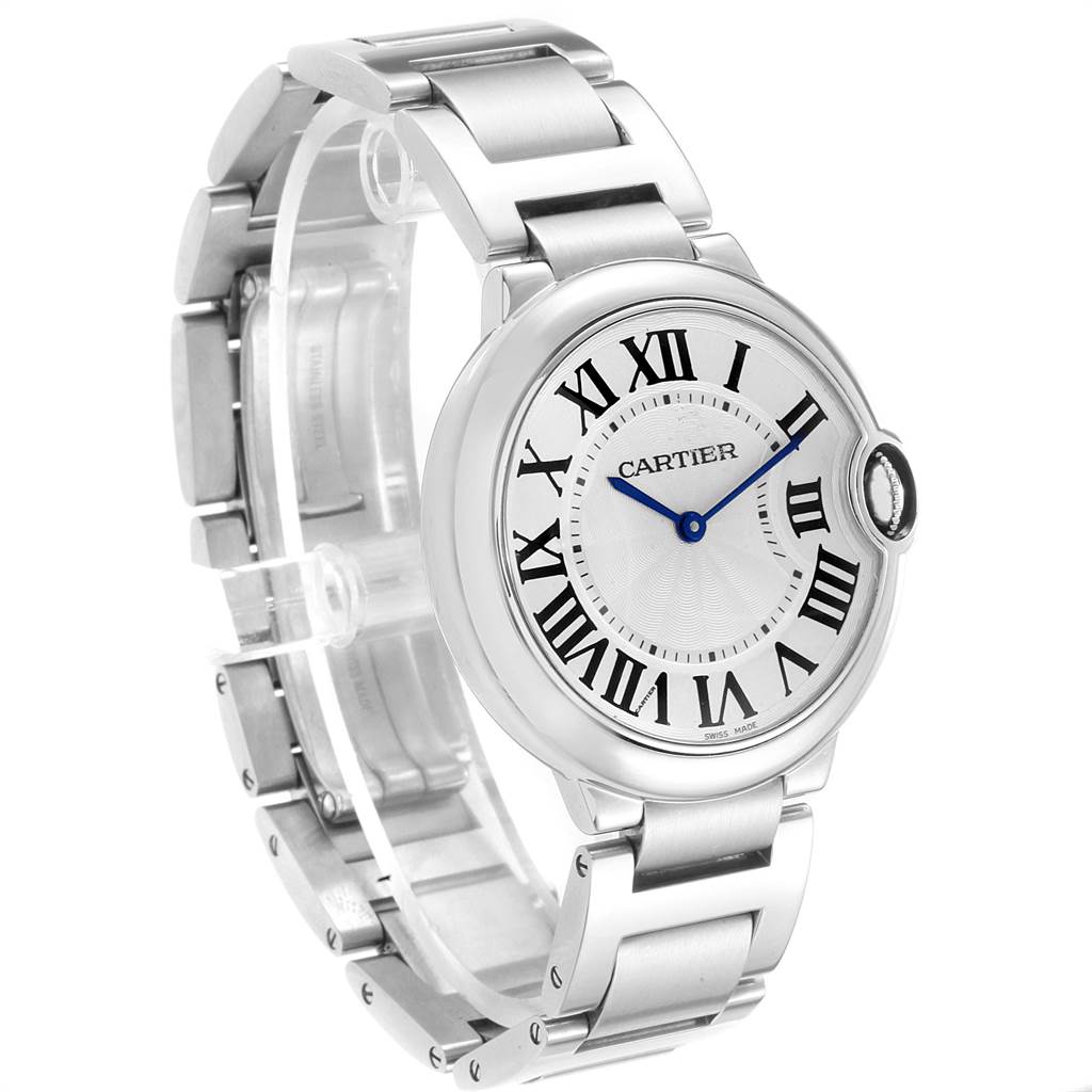 The image shows the front and side views of the Cartier Ballon Bleu W69011Z4 Women's Stainless Steel Silver Dial W69011Z4 Women's Stainless Steel Silver Dial watch, highlighting its dial and bracelet.