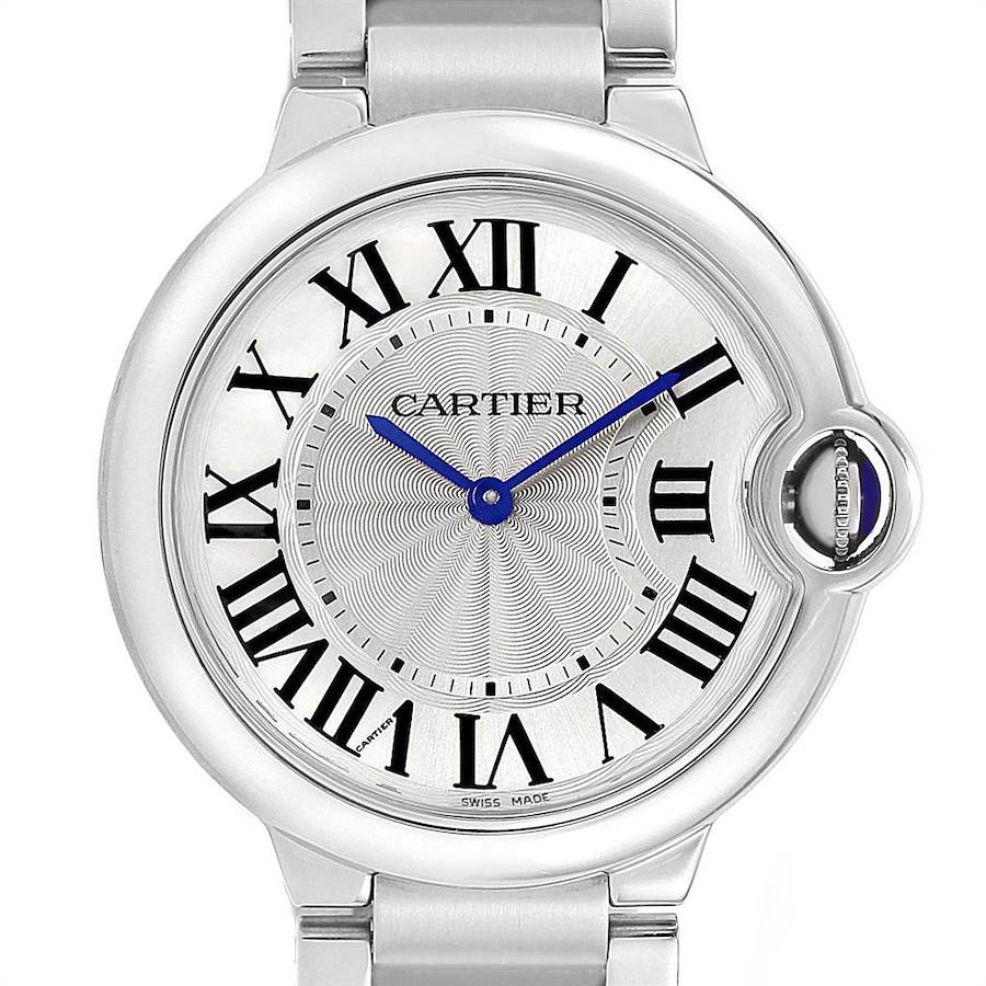 Cartier Ballon Bleu 36 Midsize Silver Guilloche Dial Watch W69011Z4 SwissWatchExpo