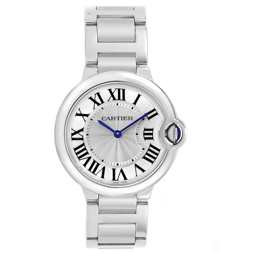 This is a front view of the Cartier Ballon Bleu W69011Z4 Women's Stainless Steel Silver Dial W69011Z4 Women's Stainless Steel Silver Dial watch, showing the dial, Roman numerals, blue hands, and metal bracelet.
