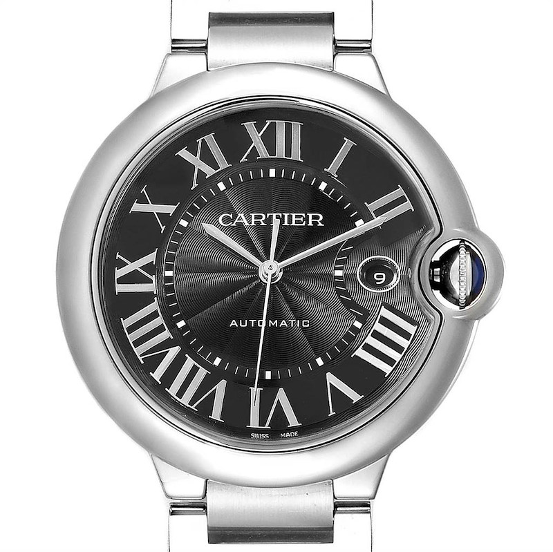 This image shows a front view of a Cartier Ballon Bleu model watch with a black dial and Roman numerals.