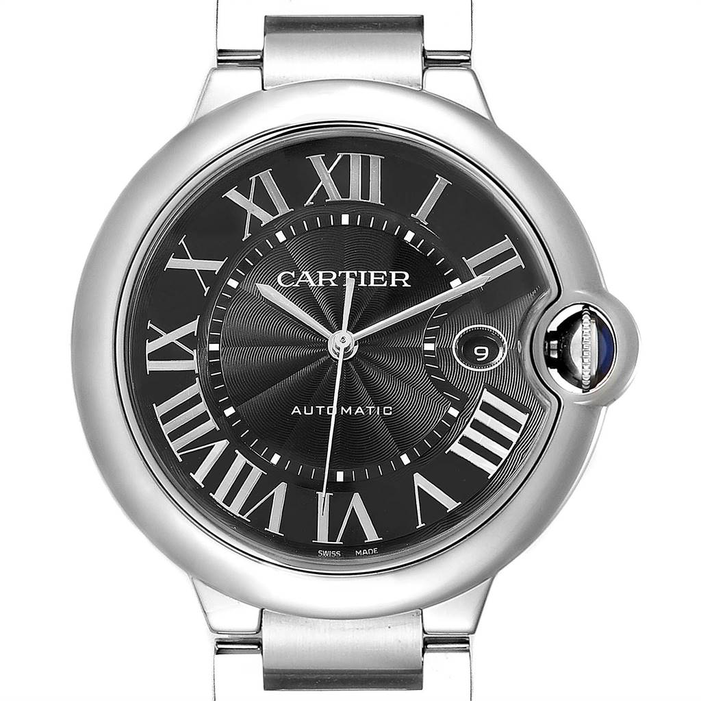This image shows a front view of a Cartier Ballon Bleu W6920042 Men's Stainless Steel Black Dial W6920042 Men's Stainless Steel Black Dial model watch with a black dial and Roman numerals.