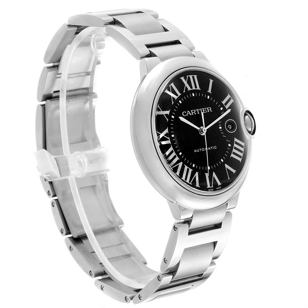 The image shows a side and front angle of a Cartier Ballon Bleu W6920042 Men's Stainless Steel Black Dial W6920042 Men's Stainless Steel Black Dial watch with a stainless steel bracelet.