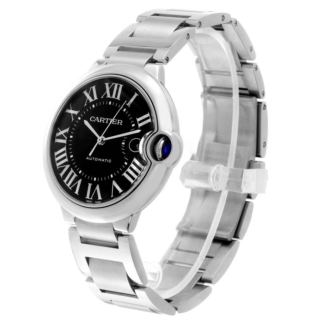 The Cartier Ballon Bleu W6920042 Men's Stainless Steel Black Dial W6920042 Men's Stainless Steel Black Dial watch is shown at a slight angle, highlighting the dial, bracelet, and crown.