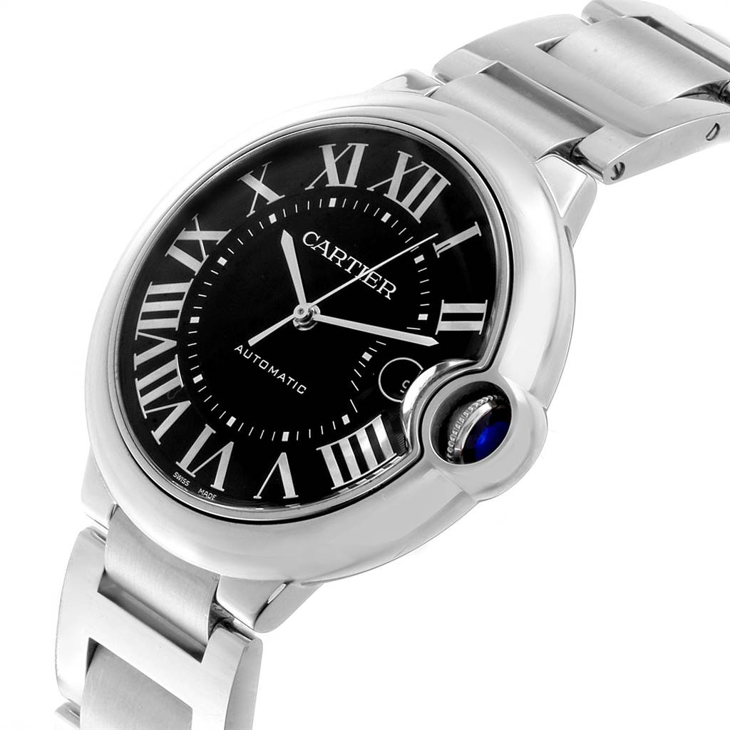 The image shows a close-up of the Cartier Ballon Bleu W6920042 Men's Stainless Steel Black Dial W6920042 Men's Stainless Steel Black Dial watch face and part of the bracelet at an angle.
