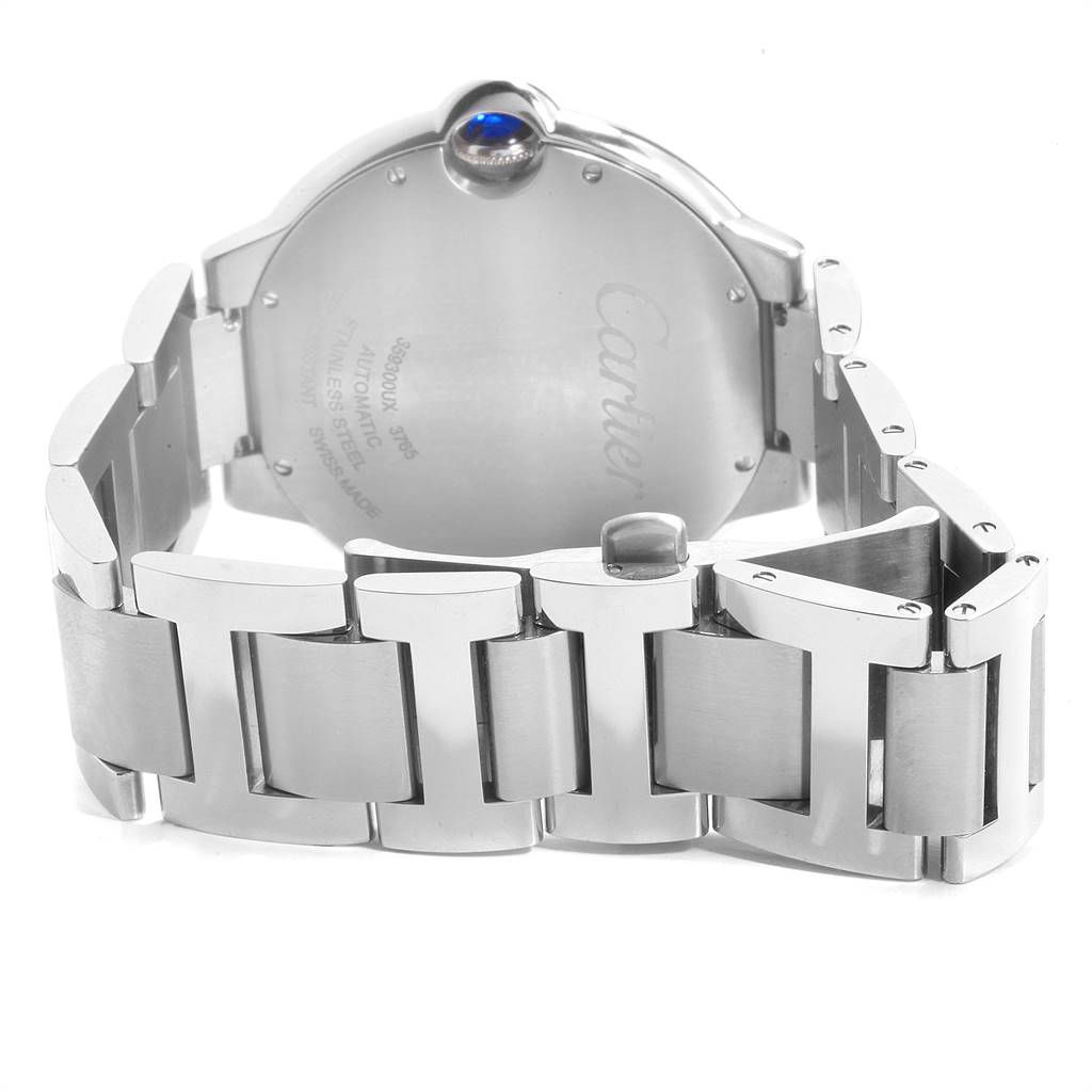 The image shows the back side and part of the bracelet of the Cartier Ballon Bleu W6920042 Men's Stainless Steel Black Dial W6920042 Men's Stainless Steel Black Dial watch.