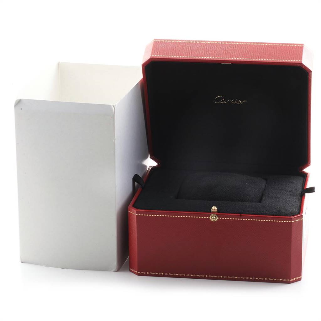 The image shows the open red presentation box and outer white box for a Ballon Bleu model by Cartier.