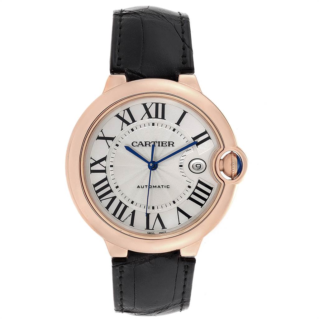 The image shows a front view of the Cartier Ballon Bleu WGBB0017 Men's Rose Gold Silver Dial WGBB0017 Men's Rose Gold Silver Dial watch, highlighting its round face, Roman numerals, and black leather strap.