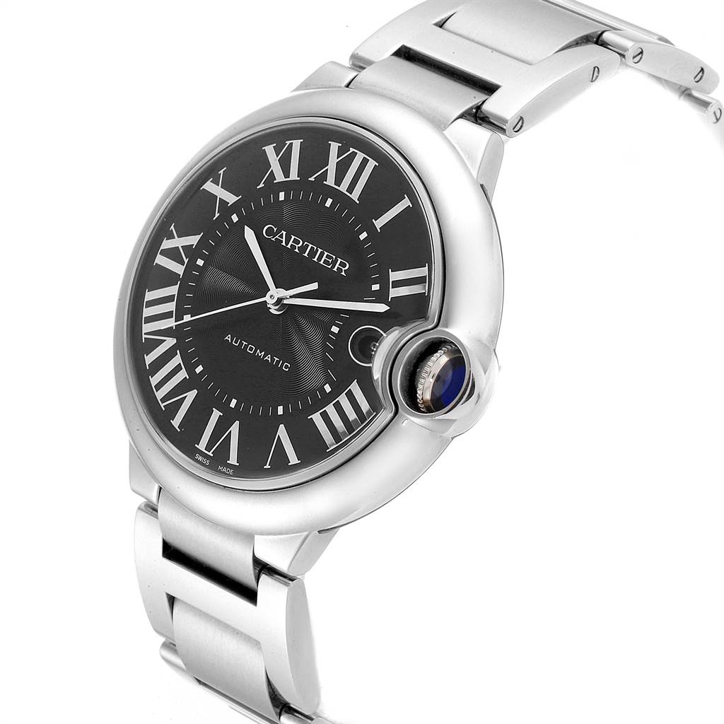 The image shows a Cartier Ballon Bleu W6920042 Men's Stainless Steel Black Dial W6920042 Men's Stainless Steel Black Dial watch at a three-quarter angle, focusing on its face and stainless steel band.