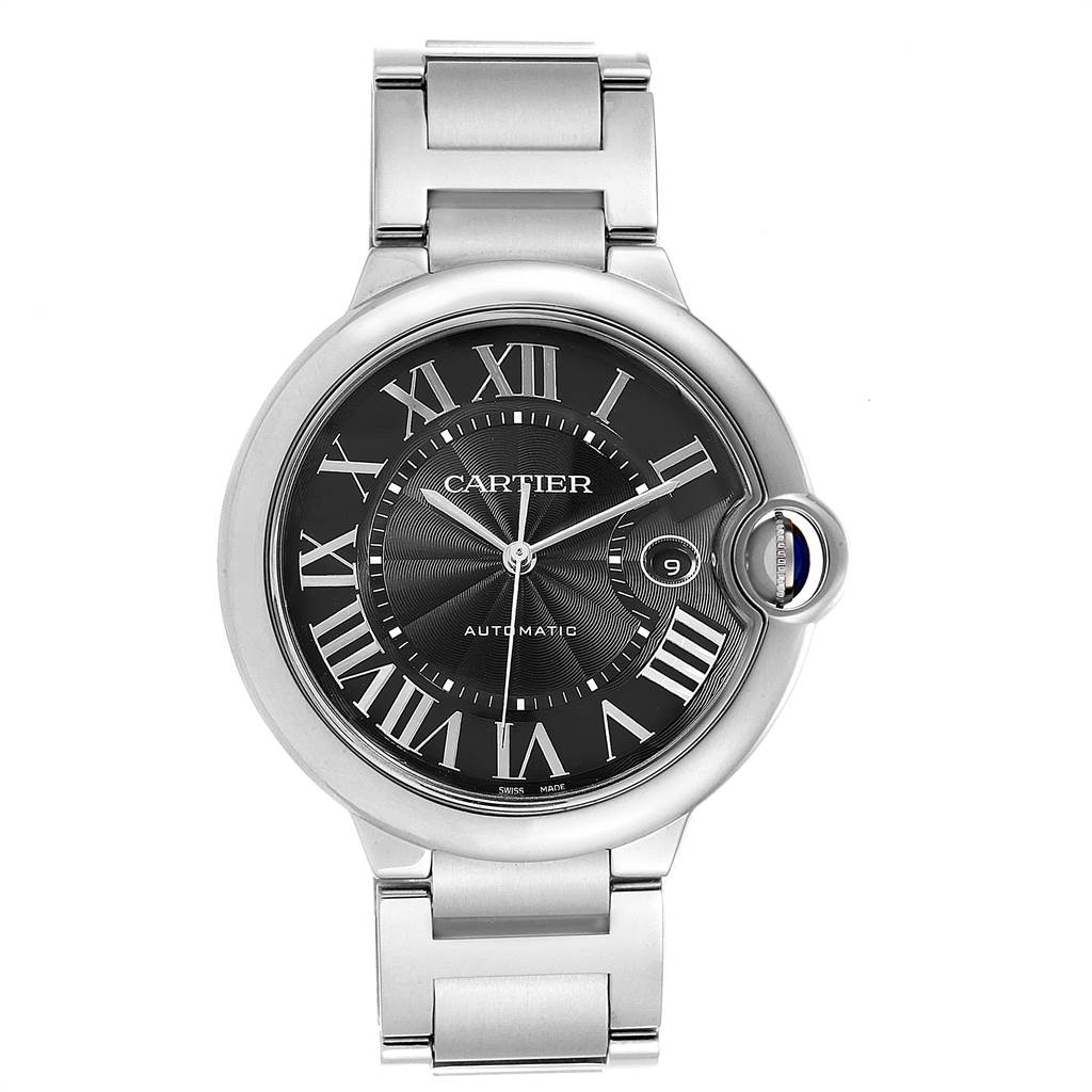 The image shows a front view of the Cartier Ballon Bleu W6920042 Men's Stainless Steel Black Dial W6920042 Men's Stainless Steel Black Dial watch, displaying the dial, hands, date window, and part of the bracelet.