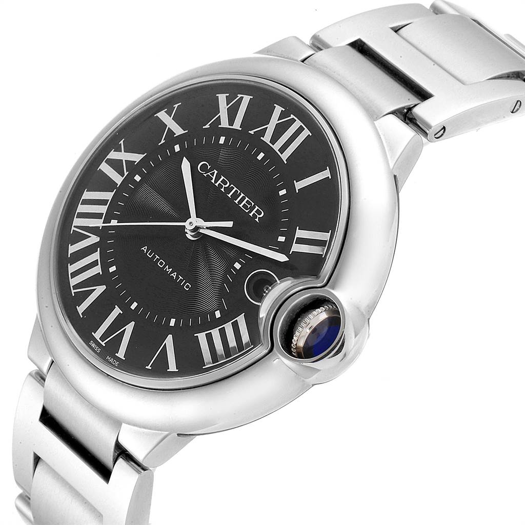 This image shows a close-up of the Cartier Ballon Bleu W6920042 Men's Stainless Steel Black Dial W6920042 Men's Stainless Steel Black Dial watch, displaying the face, crown, and part of the band at an angle.