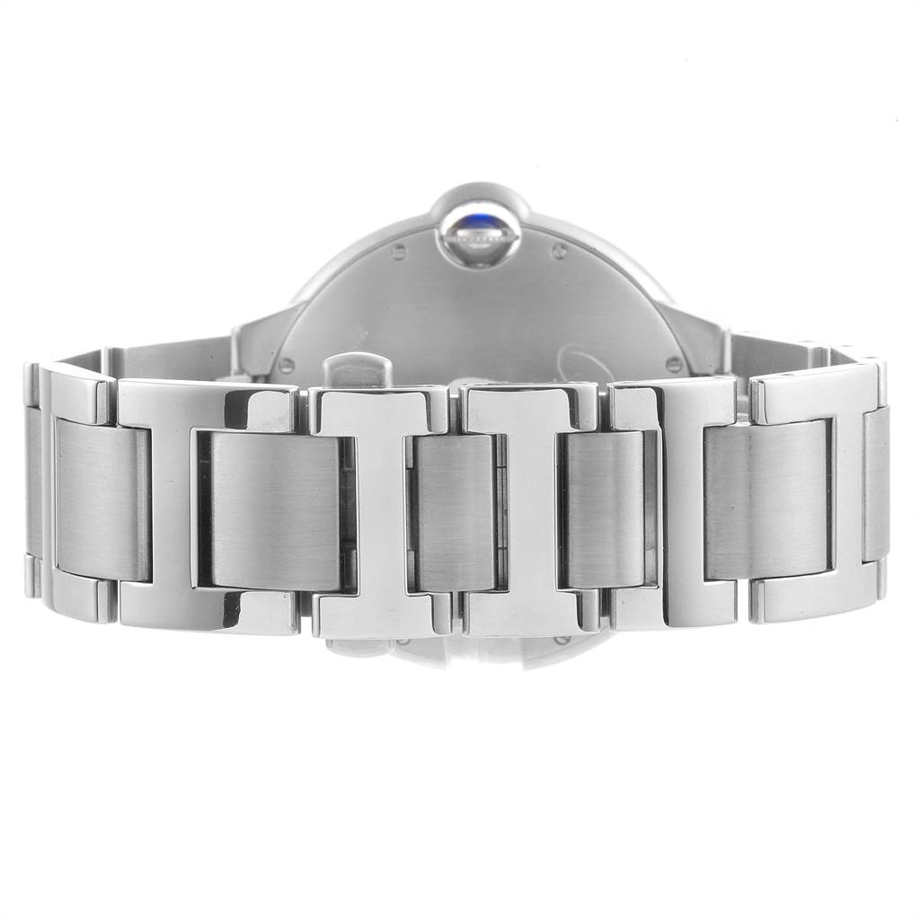 The image shows the back side and stainless steel bracelet of a Cartier Ballon Bleu W6920042 Men's Stainless Steel Black Dial W6920042 Men's Stainless Steel Black Dial watch.