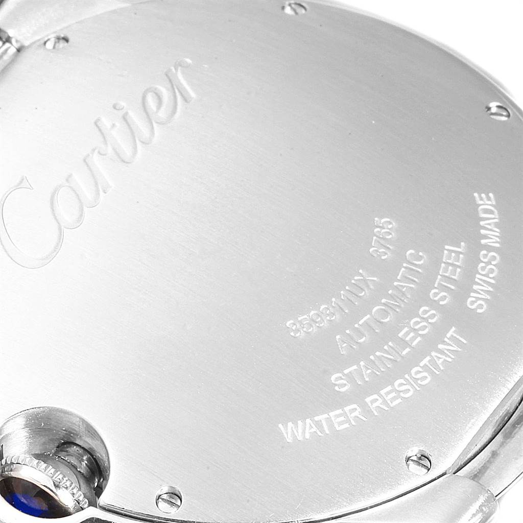 The image shows the case back of a Cartier Ballon Bleu W6920042 Men's Stainless Steel Black Dial W6920042 Men's Stainless Steel Black Dial watch, highlighting the brand name and specifications.