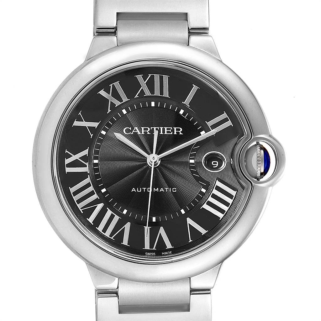 The image shows a front view of the Cartier Ballon Bleu W6920042 Men's Stainless Steel Black Dial W6920042 Men's Stainless Steel Black Dial watch, highlighting its black dial, roman numerals, and metal bracelet.