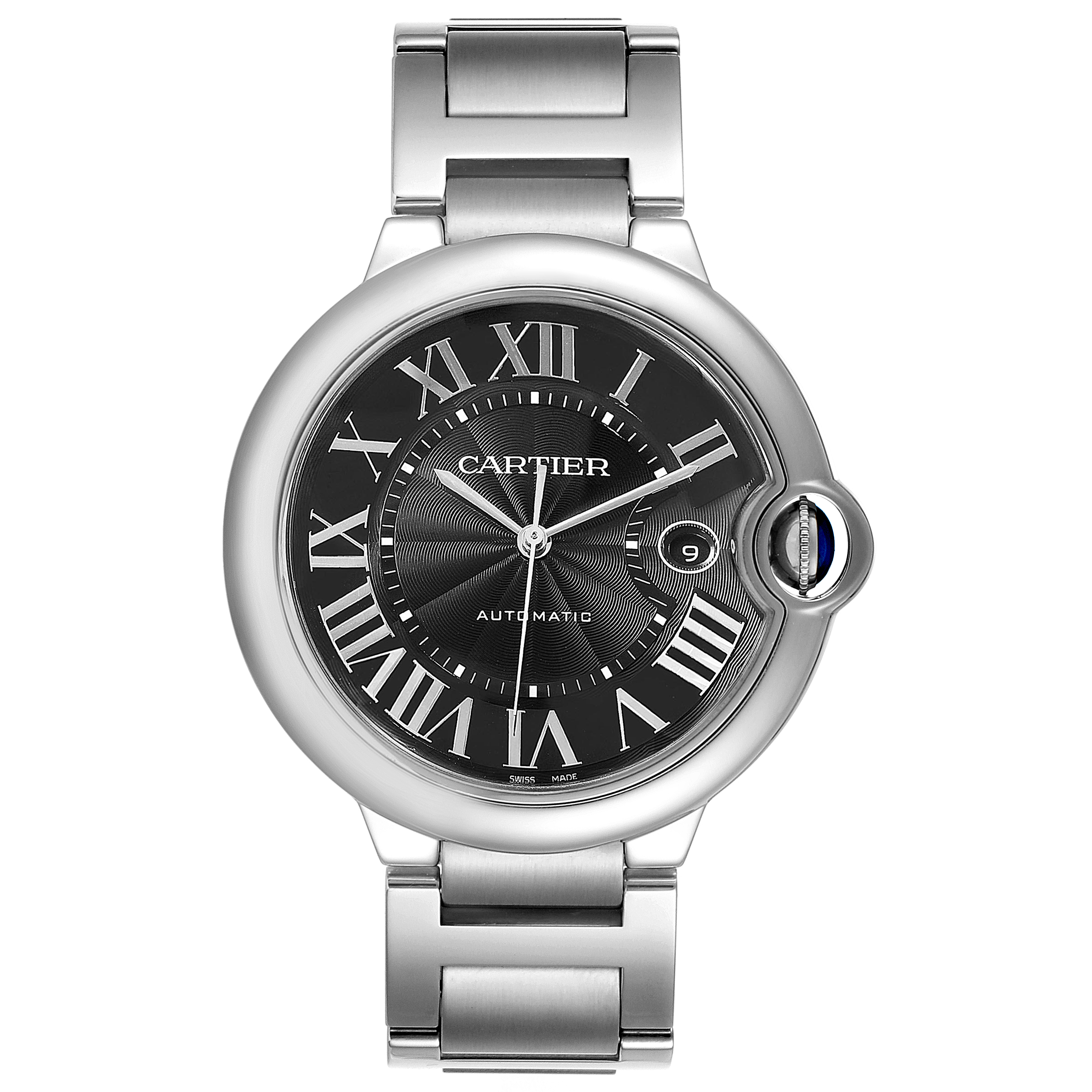 This image shows a front view of the Cartier Ballon Bleu W6920042 Men's Stainless Steel Black Dial W6920042 Men's Stainless Steel Black Dial watch, featuring its dial, case, and metal bracelet.