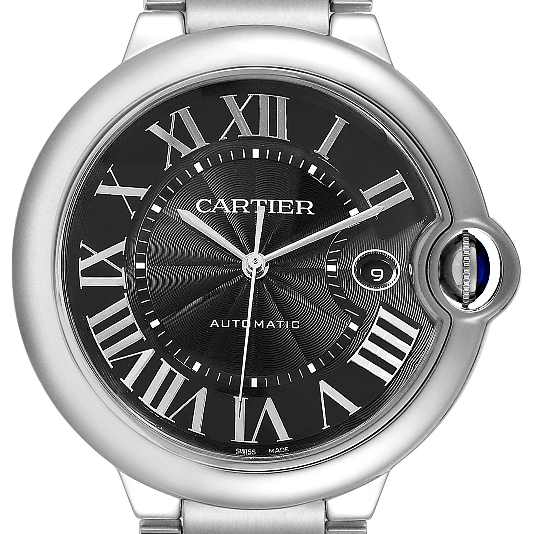This is a close-up of the face of a Ballon Bleu de Cartier watch, showing its Roman numerals, hands, and date display.