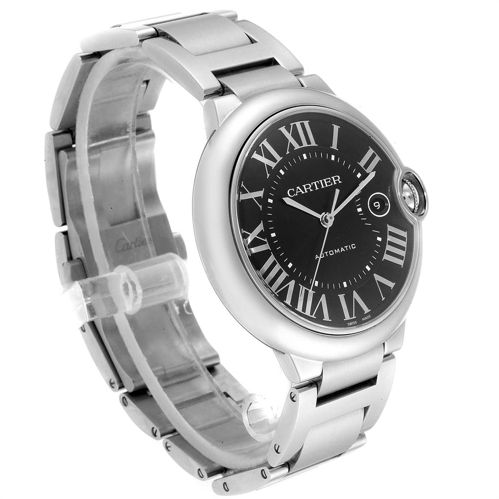 The image shows a Cartier Ballon Bleu W6920042 Men's Stainless Steel Black Dial W6920042 Men's Stainless Steel Black Dial watch at a three-quarter angle, highlighting its face, case, and bracelet.