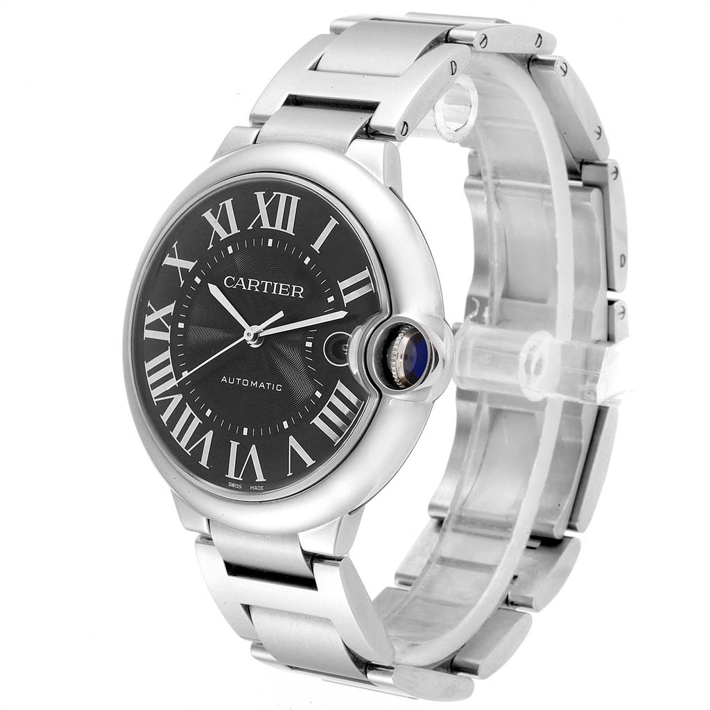 The image shows a side-angle view of the Ballon Bleu de Cartier watch, highlighting its face, crown, and metal bracelet.