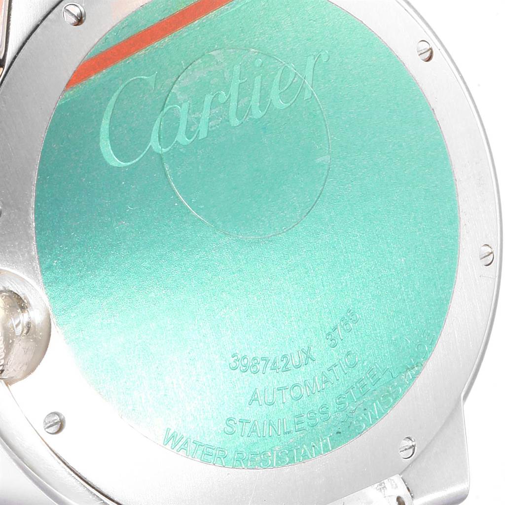 The image shows the back casing of a Cartier Ballon Bleu W6920042 Men's Stainless Steel Black Dial W6920042 Men's Stainless Steel Black Dial watch, highlighting the brand name and specifications.