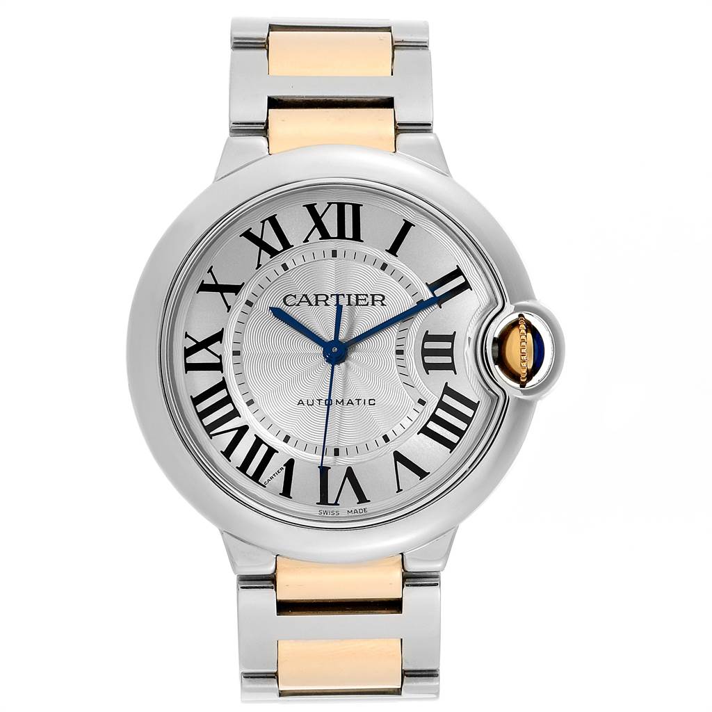 The image shows a front view of a Cartier Ballon Bleu W2BB0012 Stainless Steel Silver Dial W2BB0012 Stainless Steel Silver Dial watch, highlighting its dial, hands, bezel, and part of the bracelet.