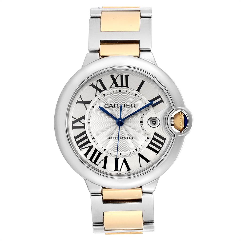 The image shows a front view of a Cartier Ballon Bleu W69009Z3 Men's Steel and Gold (two tone) Silver Dial W69009Z3 Men's Steel and Gold (two tone) Silver Dial watch, highlighting the round face, Roman numerals, and two-tone bracelet.