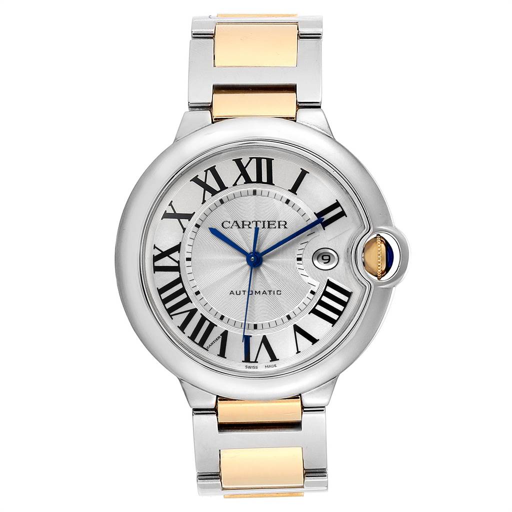 This image shows a front view of the Cartier Ballon Bleu W69009Z3 Men's Stainless Steel Silver Dial W69009Z3 Men's Stainless Steel Silver Dial watch, displaying its dial, hands, and part of its bracelet.