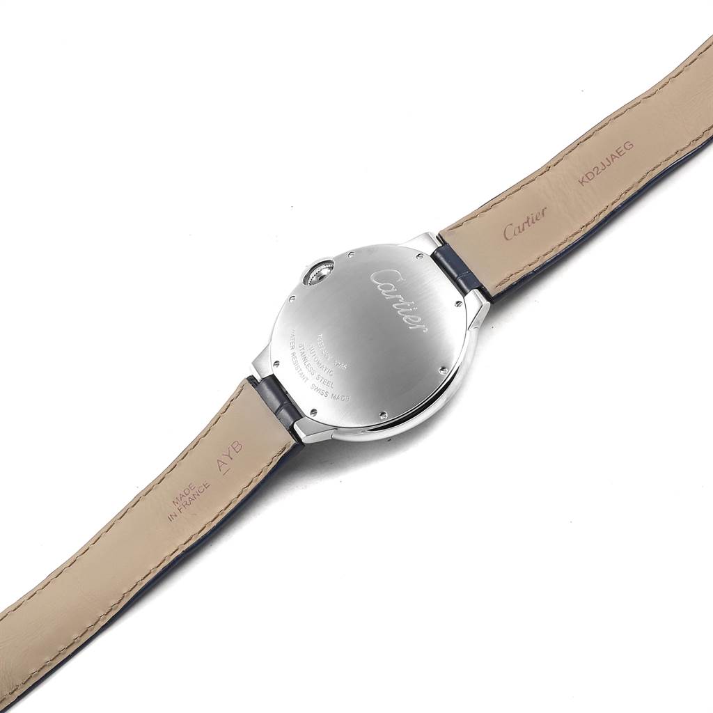 The image shows the back view of a Cartier Ballon Bleu WSBB0025 Men
s Stainless Steel Blue Dial WSBB0025 Men
s Stainless Steel Blue Dial watch, highlighting its clasp and leather strap.