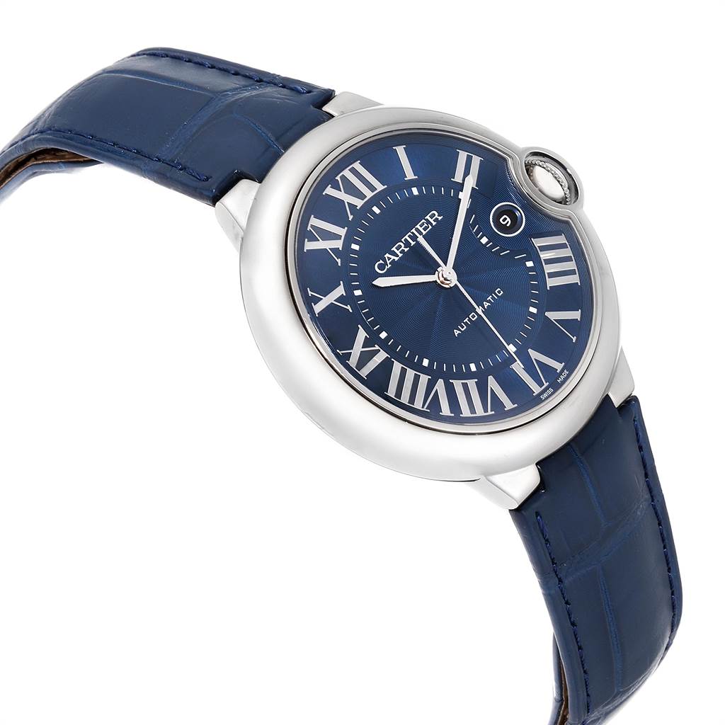 This image shows the front and part of the strap of a Ballon Bleu model by Cartier, angled slightly to the left.