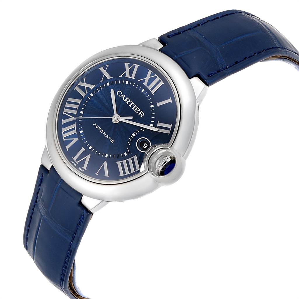The watch, a Cartier Ballon Bleu WSBB0025 Men
s Stainless Steel Blue Dial WSBB0025 Men
s Stainless Steel Blue Dial model, is shown at a slight angle displaying the face, case, and part of the blue leather strap.