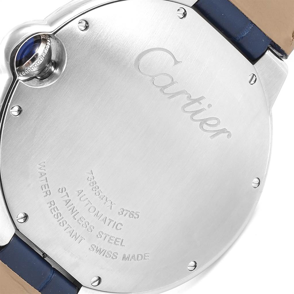 The image shows the back case and partial strap of a Cartier Ballon Bleu WSBB0025 Men
s Stainless Steel Blue Dial WSBB0025 Men
s Stainless Steel Blue Dial watch, highlighting the brand
s engraving.