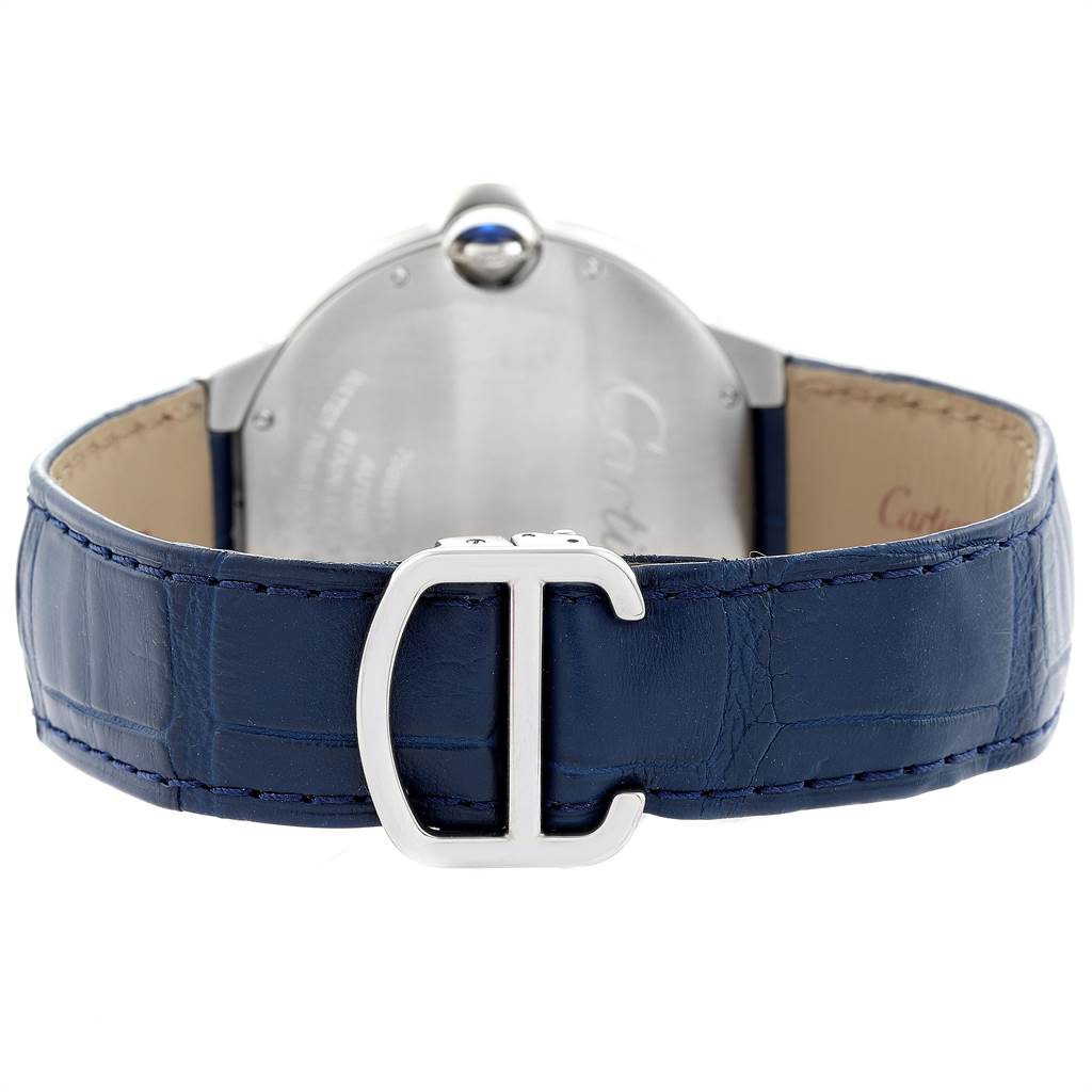 The image shows the back view of the Cartier Ballon Bleu WSBB0025 Men
s Stainless Steel Blue Dial WSBB0025 Men
s Stainless Steel Blue Dial watch, highlighting its blue strap and metallic buckle.