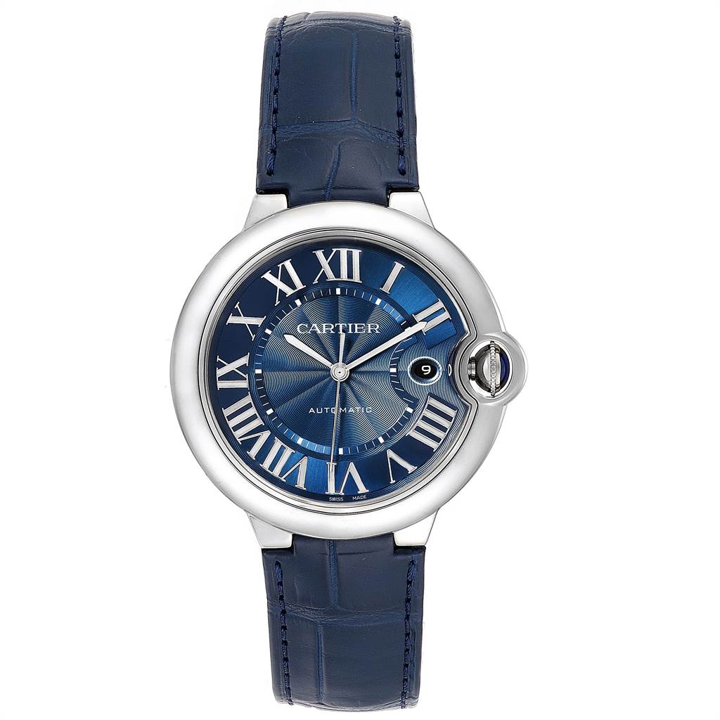 The image shows a Cartier Ballon Bleu WSBB0025 Men
s Stainless Steel Blue Dial WSBB0025 Men
s Stainless Steel Blue Dial watch from a front angle, displaying its blue leather strap, Roman numeral dial, and date window.