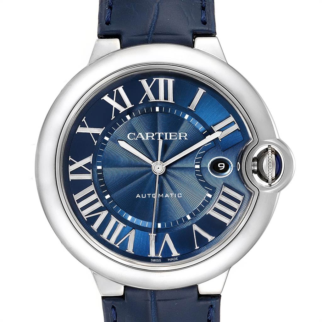 This image shows a front view of a Cartier Ballon Bleu WSBB0025 Men
s Stainless Steel Blue Dial WSBB0025 Men
s Stainless Steel Blue Dial watch featuring its blue dial, Roman numerals, and metal casing.