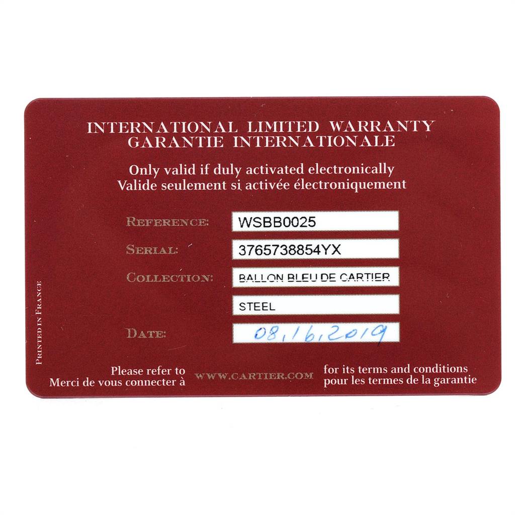 This is a warranty card for the Ballon Bleu model by Cartier, showing reference, serial number, collection, material, and date.
