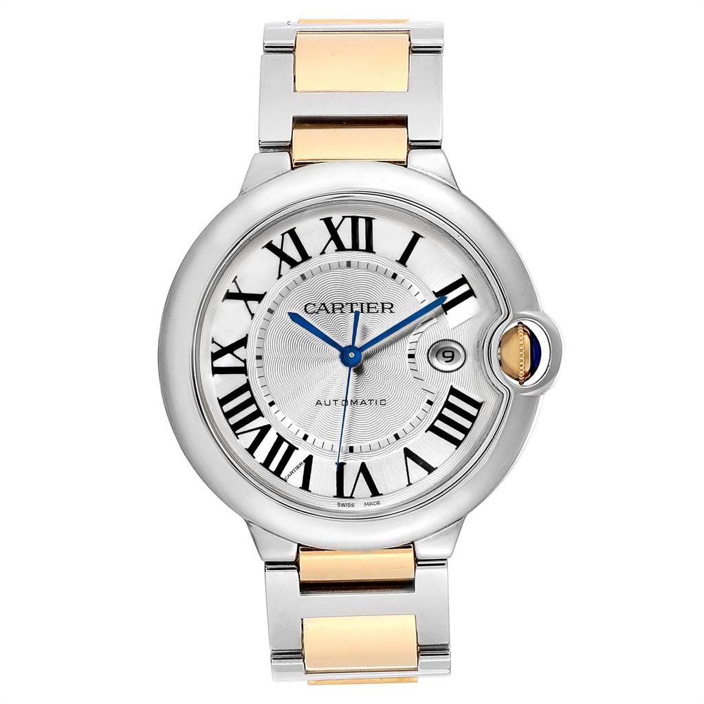 This image shows the front view of a Cartier Ballon Bleu W69009Z3 Men's Steel and Gold (two tone) Silver Dial W69009Z3 Men's Steel and Gold (two tone) Silver Dial watch, highlighting the dial, Roman numerals, and part of the two-tone bracelet.