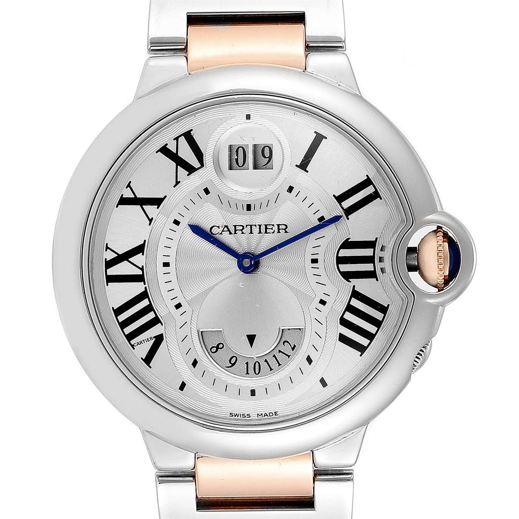 This image shows a frontal view of the Cartier Ballon Bleu W6920027 Men's Steel and Gold (two tone) Silver Dial W6920027 Men's Steel and Gold (two tone) Silver Dial watch, highlighting its face, blue hands, Roman numerals, and metal bracelet.