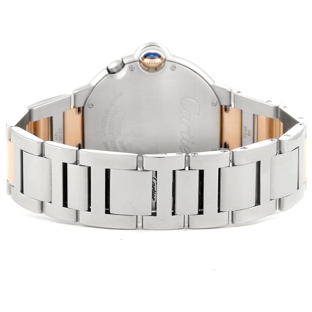 The image shows the back of a Cartier Ballon Bleu W6920027 Men's Steel and Gold (two tone) Silver Dial W6920027 Men's Steel and Gold (two tone) Silver Dial watch, including the bracelet and case back.