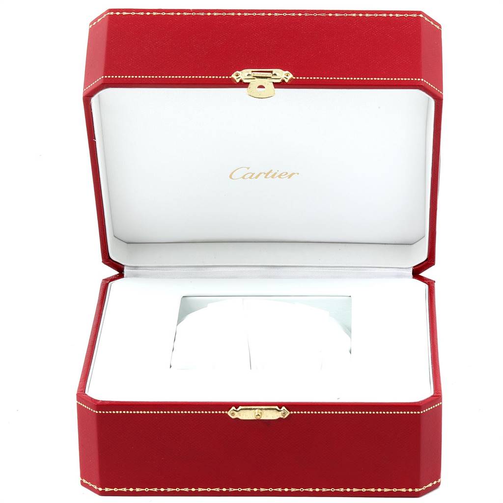 This image shows an open red Cartier box for the Ballon Bleu model watch.