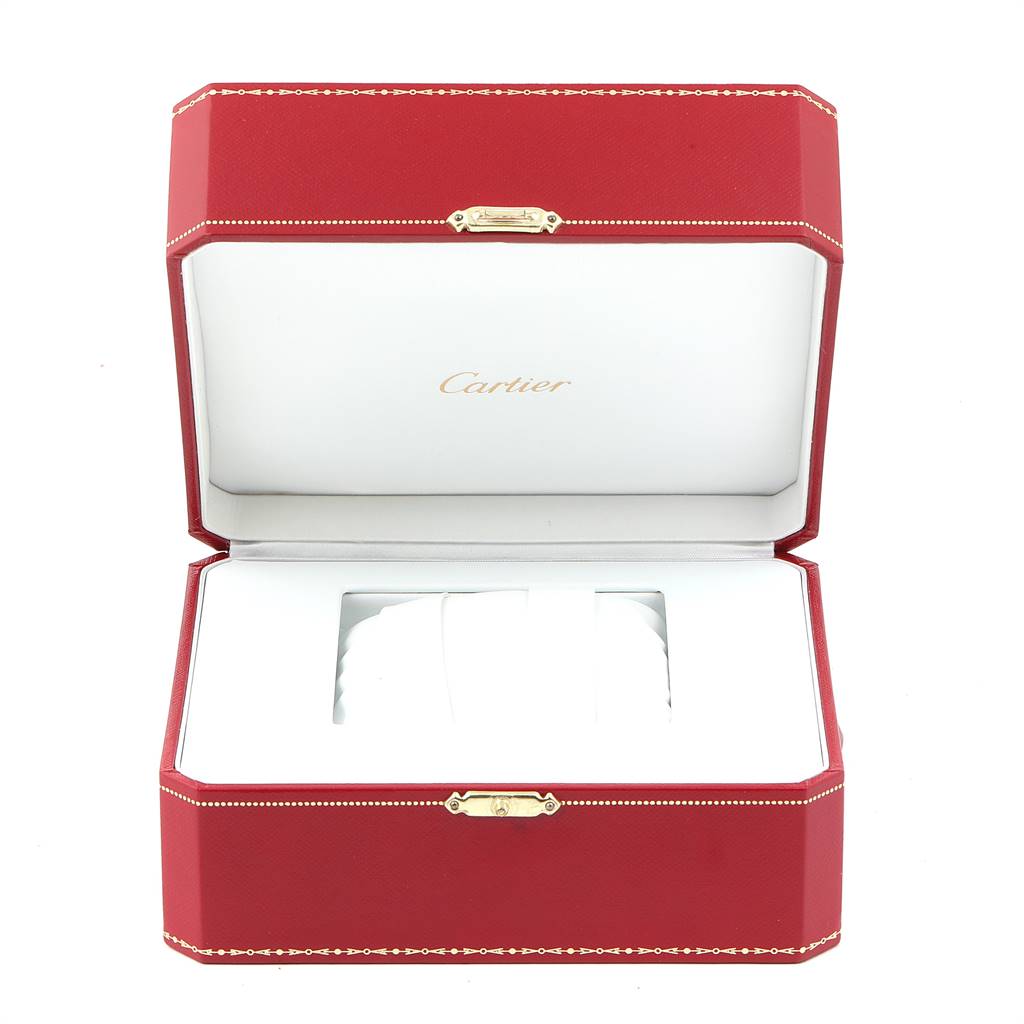 The image shows the open box of a Cartier Ballon Bleu W6920032 Men's Steel and Gold (two tone) Brown Dial W6920032 Men's Steel and Gold (two tone) Brown Dial watch, highlighting its red exterior and white padded interior.