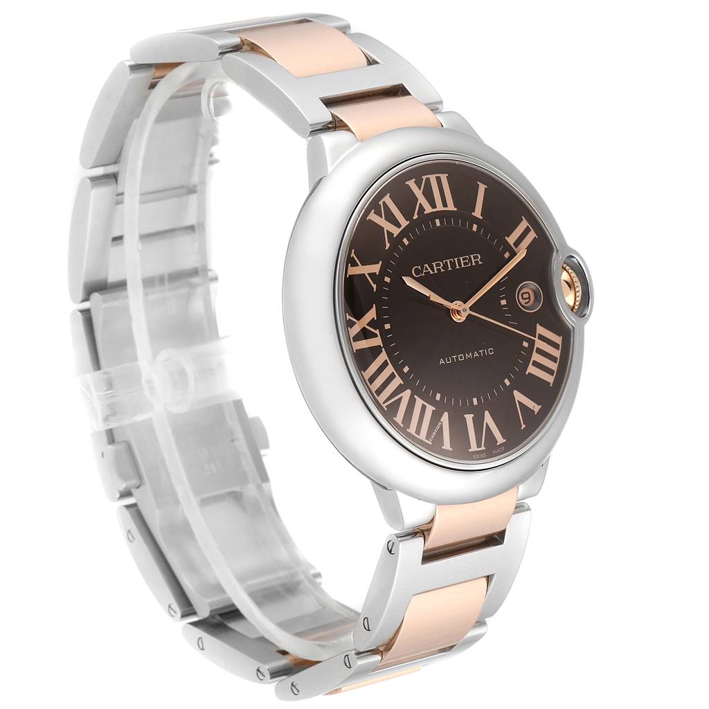 The Cartier Ballon Bleu W6920032 Men's Steel and Gold (two tone) Brown Dial W6920032 Men's Steel and Gold (two tone) Brown Dial watch is shown at a three-quarter angle, displaying the face and part of the strap.