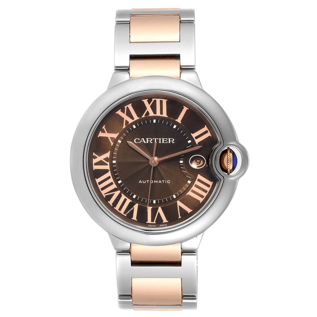 The image shows a front view of the Cartier Ballon Bleu W6920032 Men's Steel and Gold (two tone) Brown Dial W6920032 Men's Steel and Gold (two tone) Brown Dial watch, featuring its face, bezel, and a portion of its two-tone bracelet.