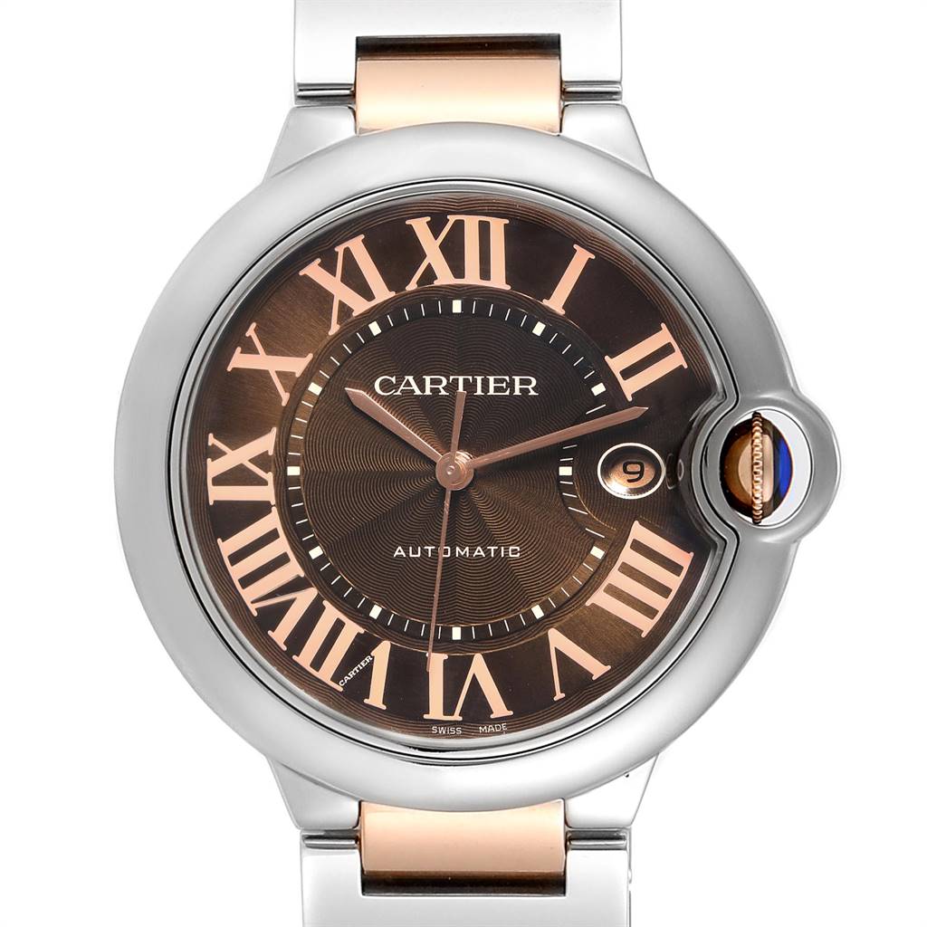This image shows a front view of the Cartier Ballon Bleu W6920032 Men's Steel and Gold (two tone) Brown Dial W6920032 Men's Steel and Gold (two tone) Brown Dial watch, highlighting the dial, hands, Roman numerals, and date window.